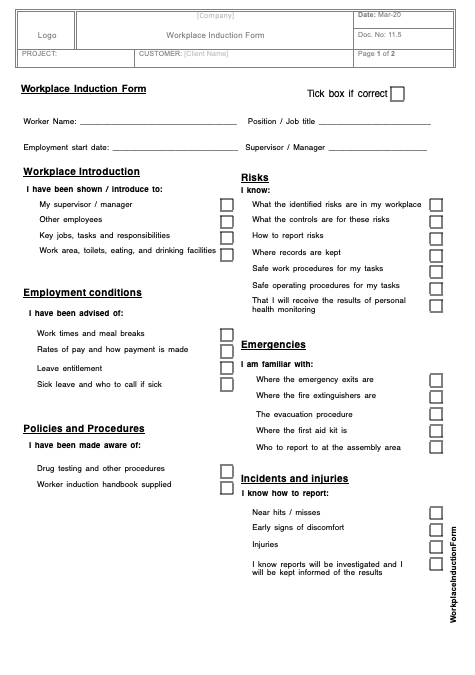 Workplace Induction Form